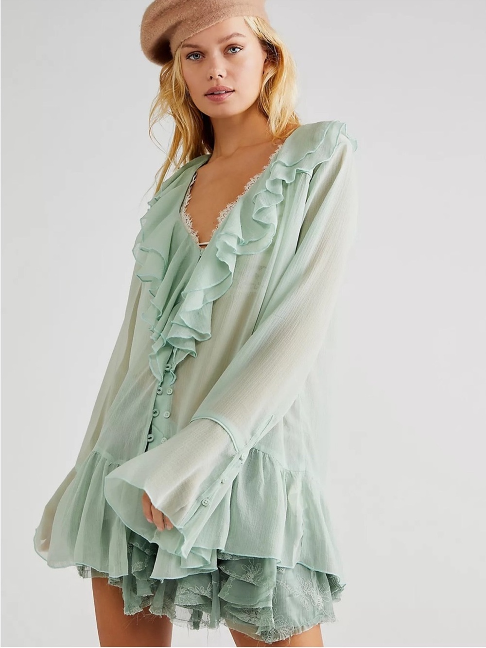 Free People Mint Green Ruffled V-Neck Dress